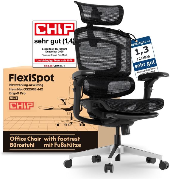 FLEXISPOT ErgoX Pro Ergonomischer Bürostuhl mit ausziehbarer Fußstütze, 12-stufiger Höhenverstellung, 7D-Armlehnen, 5D-Lendenstütze, 4D-Kopfstütze, 250 kg Belastbarkeit Netzsitz (Schwarz)