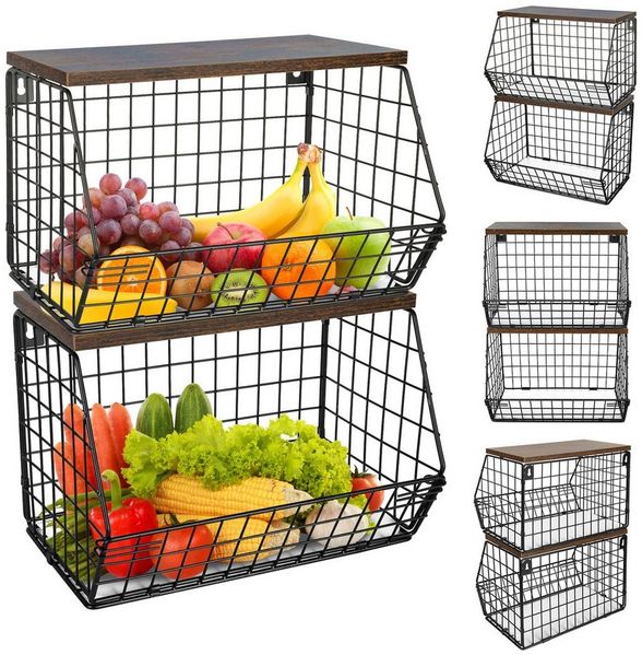 JEOBEST Obstschale Küchen organizer Mit Holzdeckel, Metall Hängender Obstkorb, 2 Etagen, Rostfreies, Kohlenstoffstahl, Abnehmbare Körbe