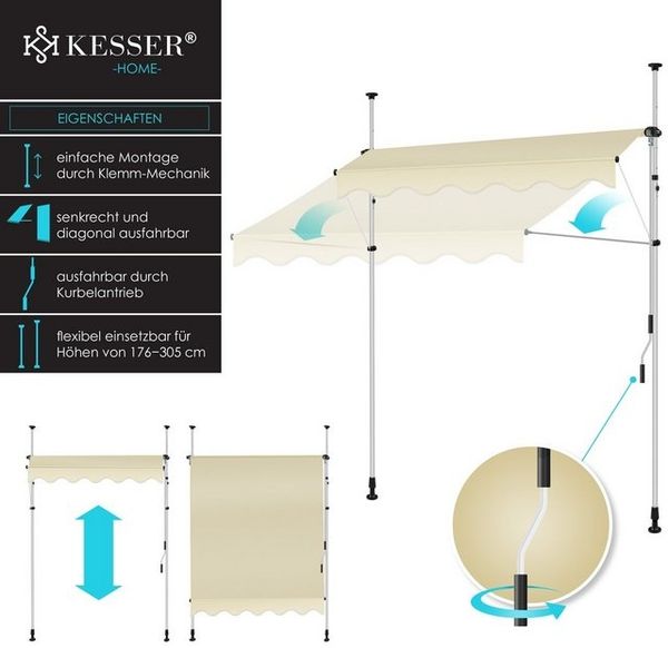KESSER® Klemmmarkise mit Handkurbel Balkon, Balkonmarkise ohne Bohren, UV-beständig höhenverstellbar wasserabweisend , Sonnenschutz, Terrassenüberdachung , einfache Montage Beige, 300cm Bild 4