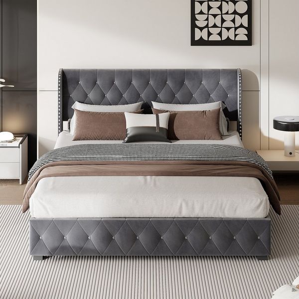 PXloue Polsterbett Luxuriöses Bett mit gepolstertem Kopfteil im modernen Design (Lattenrost,ohne Matratze), Elegantes Design mit Samtbezug und stilvollen Knopfdetails