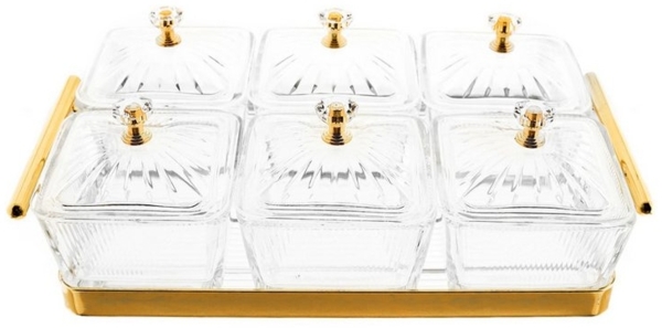 13 Teiliges Snackschalen-Set aus Glas mit goldenem Serviertablett & Knaufdeckel