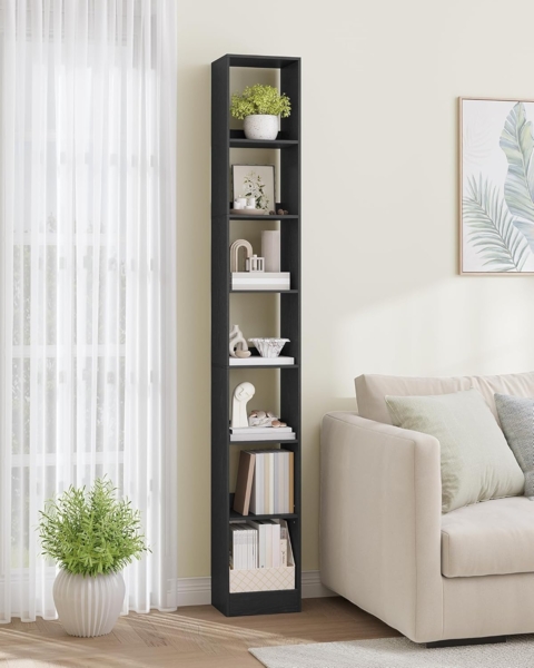 Bücherregal, 7-Tier Bücherschrank, Würfelregal, Modernes offenes Regal aus Holz, Aufbewahrungsregale und Präsentationsregale für Wohnzimmer, Home Office, Schlafzimmer, Schwarz