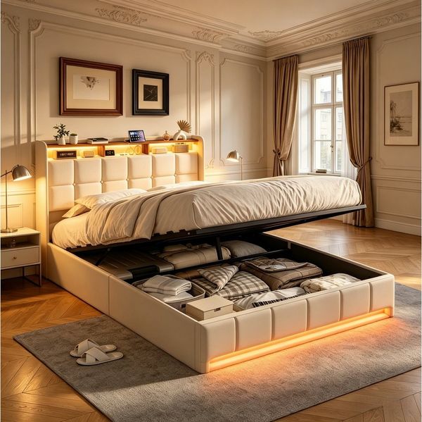 Furnishings Home Polsterbett Stauraumbett Doppelbett Bettkasten LED 140x200 cm (1-tlg, Hydrauliksystem, hochtragfähig, mit RGB Beleuchtung), Mit Lattenrost und Ladefunktion, mit Komforthöhe