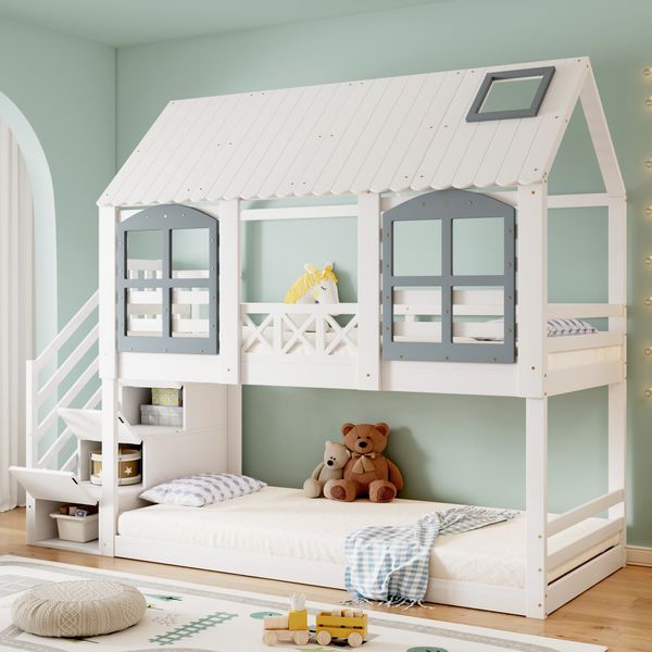 Etagenbett 90×200 cm mit Rausfallschutz, Dach und Fenstern, Treppe mit Stauraum, Weiß/Grau, ohne Matratze