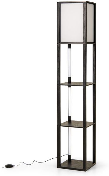 Stehlampe mit Regalen & Fußschalter & 3-stufig Einstellbaren LED-Streifen Holz Regallampe