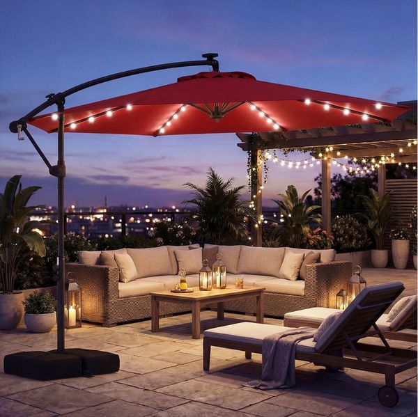 COSTWAY Sonnenschirm Balkonschirm, mit Ständer und LED, 300 cm Ampelschirm 360° drehbar