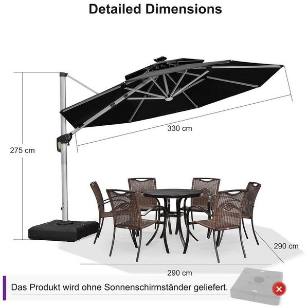 PURPLE LEAF Ampelschirm Runder Außenbereich Sonnenschirm, Gartenschirm mit Solar LED, LxB: 330,00x330,00 cm, für Garten,Terrasse, Pool