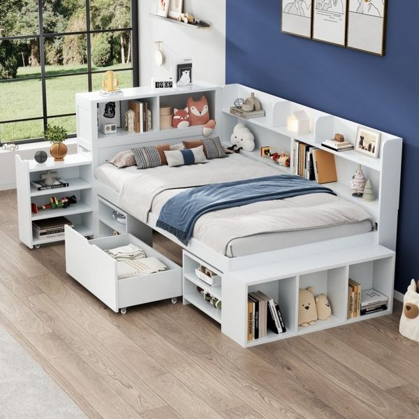 Odikalo Kinderbett Multifunktionales Kinderbett mit Bücherregal & Schubladen (Kinderbett mit großem Stauraum: Inklusive integriertem Bücherregal am Kopf- und Fußende sowie geräumigen Bettschubladen, Robustes Bettgestell in Weiß, ideal für kleine Kinder...