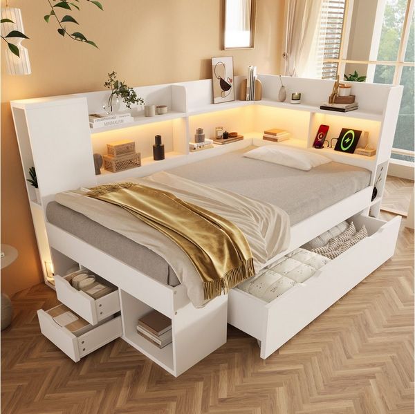 Flieks Daybett, Holzbett 90x190 cm mit USB&Typ-C, LED, Stauraumregal und Schublade