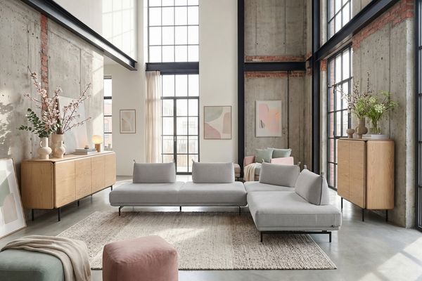 KAWOLA Ecksofa CANE Schlafsofa Daybed Stoff grau 80 x 210 x 310 cm
