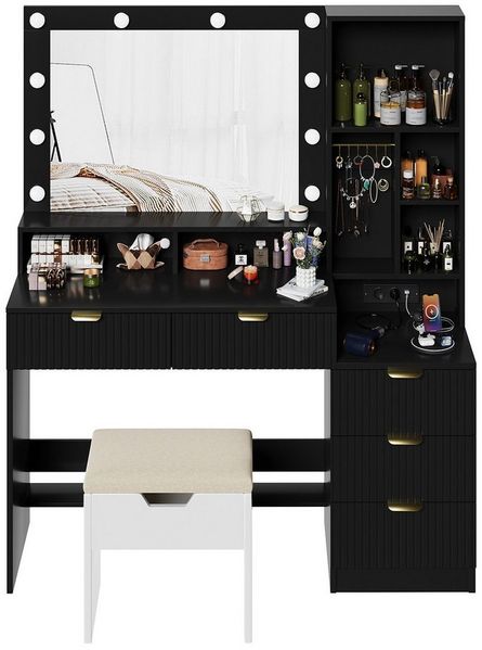 HOMALL Schminktisch Vertikale Streifen mit 5 Schubladen und 7 offenen Fächern (Ausgestattet mit 2 Euro-Steckdosen + 1 USB-Anschluss + 1 Typ-C-Anschluss ostern geschenke)