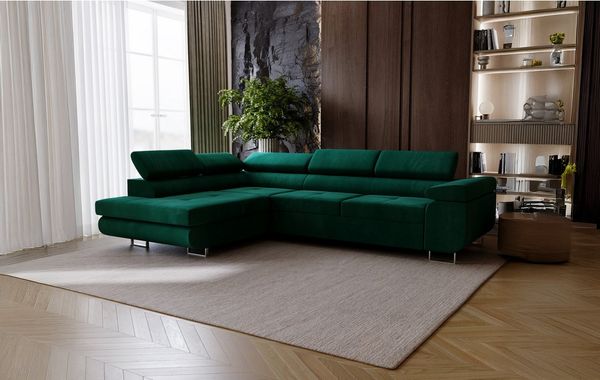 Goldstoff Ecksofa mit Schlaffunktion - Designersofa, Sofa mit Bettfunktion & Bettkasten, Schlafsofa RIVIA, multifunktionale Couch mit verstellbaren Kopfstützen in dunkelgrün