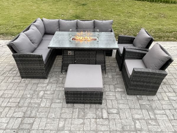 Fimous 9 Sitzer Outdoor Rattan Gartenmöbel-Set Ecksofa Gas Feuertisch Sets mit Großer Fußhocker 2 Sesseln Dunkelgrau gemischt