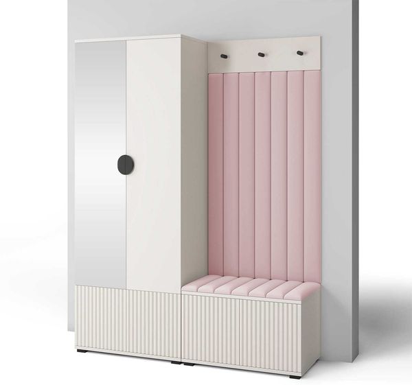 Garderoben-Set Ritmo Version 1 – gefräste Kleiderschrank mit Spiegel, mit Polsterplatten, Schuhschrank, für Eingangsbereich (Cashmere, Trinity 19), 185 x 40 x 140 cm