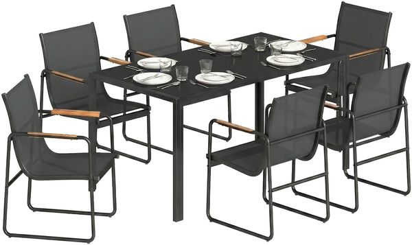 7-teiliges Essset für den Außenbereich für 6 Personen, Glastisch und Stühle mit dekorativen Armlehnen, wetterfestes Netzgewebe, Schwarz