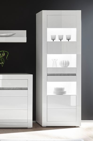 Vitrine Glasvitrine Standvitrine Carat 66cm LED weiß Hochglanz beton grifflos MDF