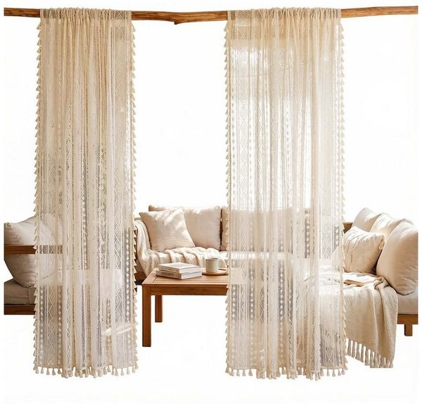 Agger Scheibengardine Vintage Quasten Boho gardinen, Transparente Fenstervorhänge