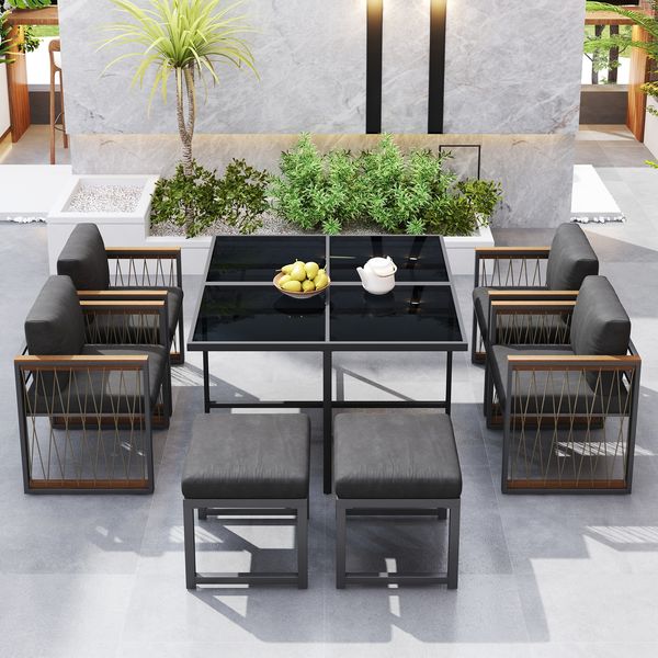 7-teiliges Esstisch- und Stuhlset für den Außenbereich für 6 Personen, Tisch aus gehärtetem Glas, Armlehnen aus Kunststoff-Holz, Gartenterrasse