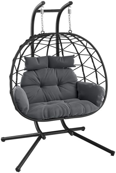 STEELSØN 'Alarian' XXL Doppelhängesessel mit Metallgestell, höhenverstellbar und faltbar, wetterfest, Polyrattan, dunkelgrau/schwarz, bis 220 kg belastbar, Hängesessel inkl. Kissen, für 2 Personen geeignet Bild 13