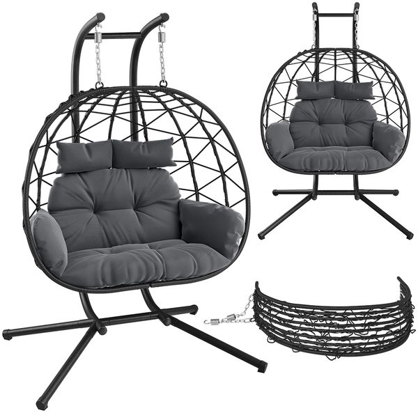 STEELSØN 'Alarian' XXL Doppelhängesessel mit Metallgestell, höhenverstellbar und faltbar, wetterfest, Polyrattan, dunkelgrau/schwarz, bis 220 kg belastbar, Hängesessel inkl. Kissen, für 2 Personen geeignet