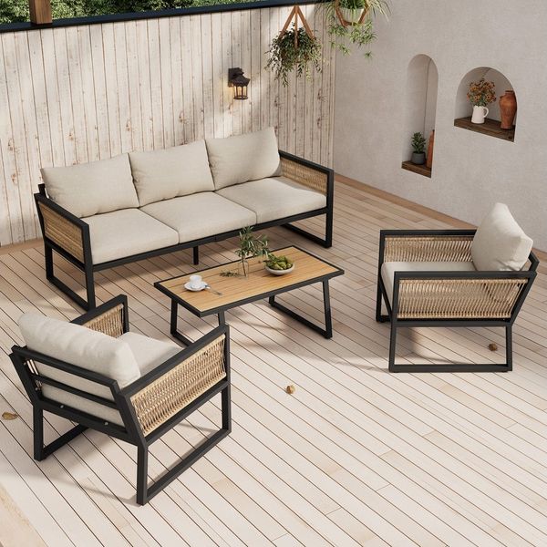 Celya Gartenlounge-Set Gartenlounges Balkon, Gartenmöbel Set 5 Personen mit Sofa und Esstisch, (Gartenmöbel Set, 3er Sofa, 2 Sessel und Couchtisch, Tischplatte aus Kunststoffholz, Armlehnen aus geflochtenem Seil, verzinkter Stahl, Beige), Garten-Essgru...