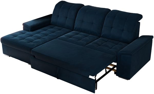 L-förmige Ecksofa mit gesteppter Sitzfläche und Rückenlehne, verstellbare Rückenkissen, Schlaffunktion und Bettkasten - MADRITO - Dunkelblau Velours - linke Seite Bild 7