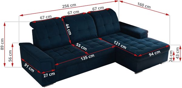 L-förmige Ecksofa mit gesteppter Sitzfläche und Rückenlehne, verstellbare Rückenkissen, Schlaffunktion und Bettkasten - MADRITO - Dunkelblau Velours - linke Seite Bild 8