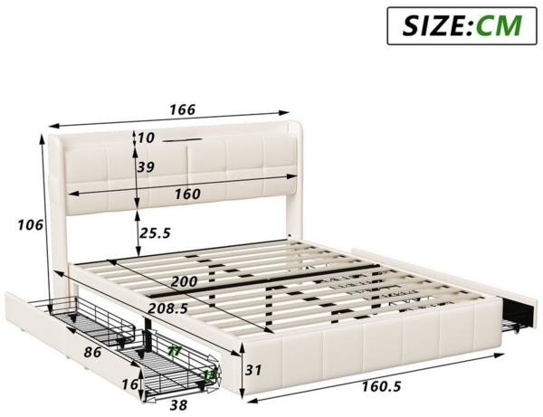PXloue Polsterbett Doppelbett Stauraumbett, Mit 4 Schubladen,USB + TYPE-C Ladeschnittstelle,160x200 cm Bild 3