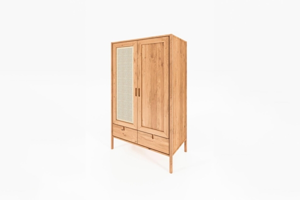 Kleiderschrank Zola Wildeiche massiv mit Rattan 108x175 mit 2 Türen 2 Schubladen