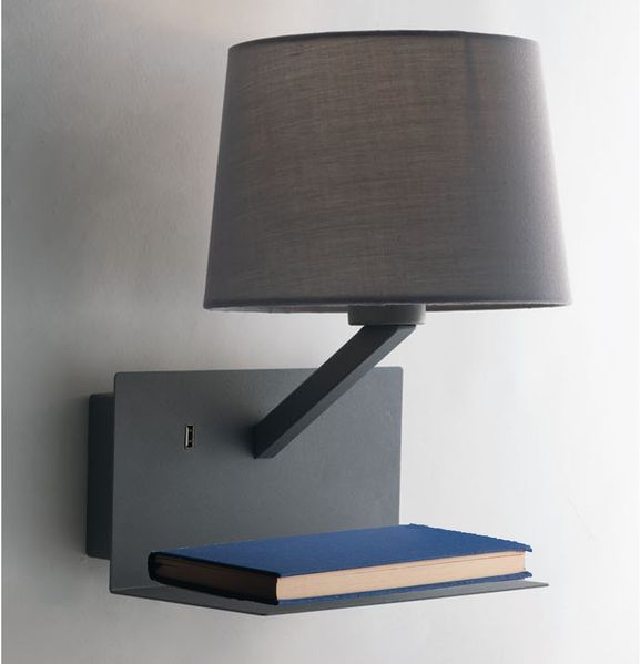 LED Wandleuchte Grau & Stoffschirm mit USB Ladefunktion & Ablage, Höhe 31cm