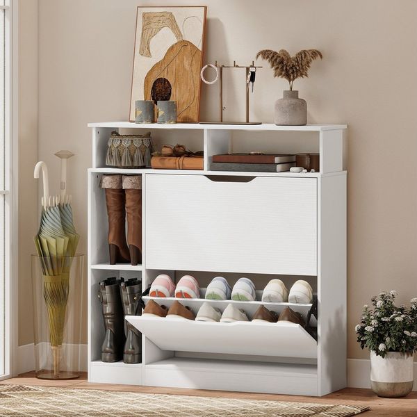 HOMCOM Schuhkipper mit 2 Klappen, Verstellbar Trennwand, offenem Fach (Schuhschrank, 1 St, Schuhregal), für Flur, Eingang 89 x 25 x 92 cm Weiß