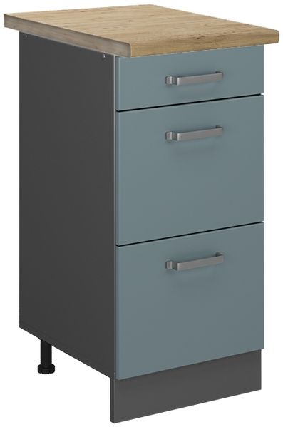Küchenunterschrank R-Line Blau-Grau 40 cm mit Schubladen, AP Eiche Vicco