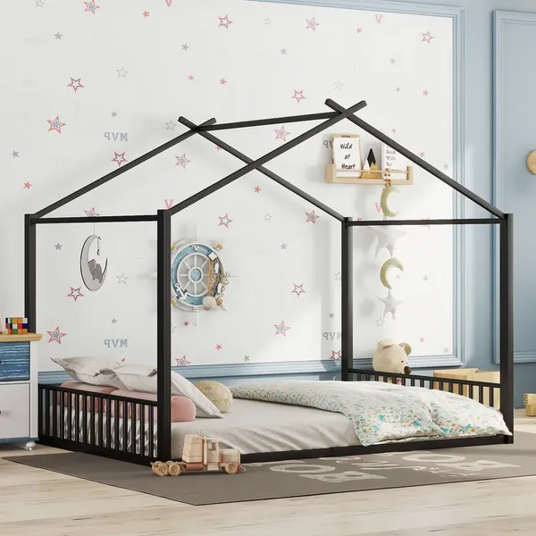 Hausbett mit Lattenrost, 140x200 cm, Kinderbett, Metallbett