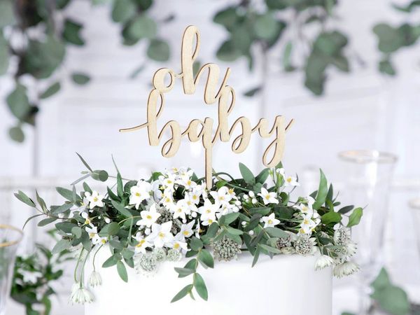 partydeco Tortenstecker, Cake Topper Oh Baby / Geburt 17cm Holz, natur