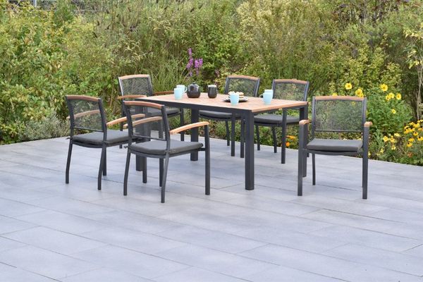 MERXX Garten-Essgruppe »Tilos«, (Set, 13-tlg, Inkl. Auflagenr, Armlehnen und Rückenabschluss aus Akazienholz), Tisch: LxB: 150x90 cm