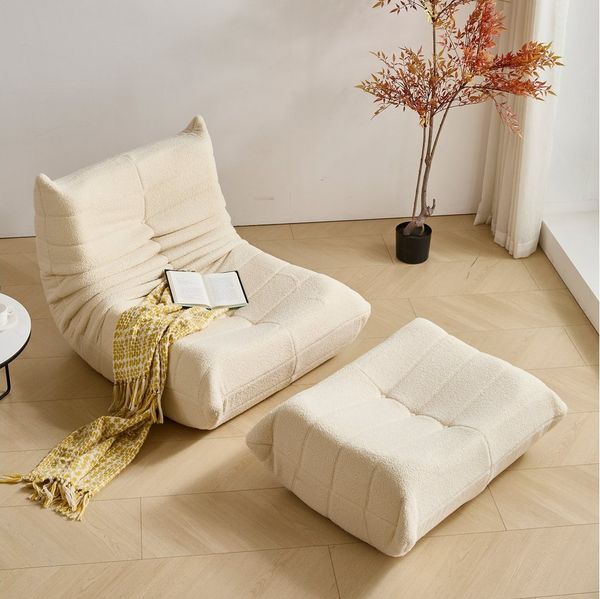 HAUSS SPOLE Sitzsack Lazy Sofa mit Fußhocker, Wohnzimmer Teddysamt, modernes Design Beige (Teddyfleece+Schaumstoff mit hoher Dichte, 2 St, Produkt als komprimierte Verpackung)
