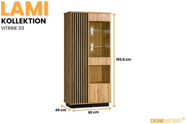 Deine Möbel 24 Standvitrine LAMI 3 Vitrine LED-Beleuchtung optional LAMI Kollektion (Set, 1-St, Viel Stauraum & Struktur) in Wotan Eiche/Schwarz – 3-türig mit Glas & LED-Option – 90 x 193 x 40 cm