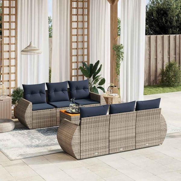vidaXL 7-teiliges Gartensofa-Set mit Kissen, grau, Polyrattan 3224899