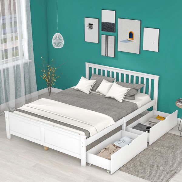 Doppelbett 140x200 Weiß aus Kiefer, Bettgestell mit Schubladen, Stauraumbett, Holzbett mit Kopfteil, Jugendbett Schlafzimmer