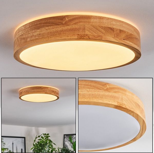 hofstein Deckenleuchte moderne Deckenlampe aus Metall/Bambus/Kunststoff in Weiß/Natur, LED wechselbar, 3000 Kelvin, Leuchte im angesagten Boho-Design (29, 5cm), 1700 Lumen, LED 16 W