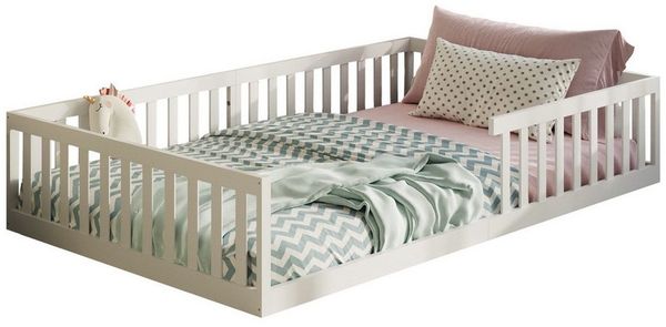 Kids Collective Kinderbett Bodenbett Bett mit Rausfallschutz & Lattenrost Montessori Bett Kinder (weitere Größen, 90x200, 120x200 cm), Jugendbett Einzelbett optional mit Matratze, weiß Kiefer 140x200 cm