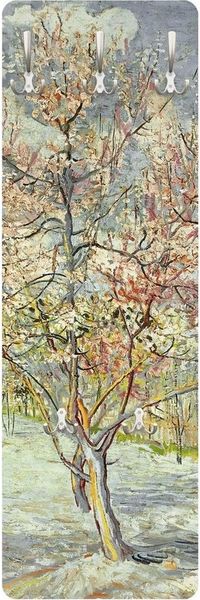 Bilderdepot24 Garderobenpaneel grün Bäume Wald Natur Landhaus Vincent van Gogh Blühende Pfirsichbäume (ausgefallenes Flur Wandpaneel mit Garderobenhaken Kleiderhaken hängend), moderne Wandgarderobe - Flurgarderobe im schmalen Hakenpaneel Design