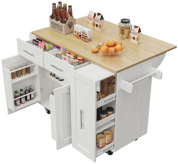 MODFU Küchenwagen Multifunktionale Kücheninsel,Küchewagen, mit 2 Schubladen, (Moderne Kücheninsel mit klappbarem Tisch, vielseitigem Stauraum, eleganter Holzmaserung und stabilen Rollen – Multifunktionaler Servierwagen für Küchen, Esszimmer & kleinere ...
