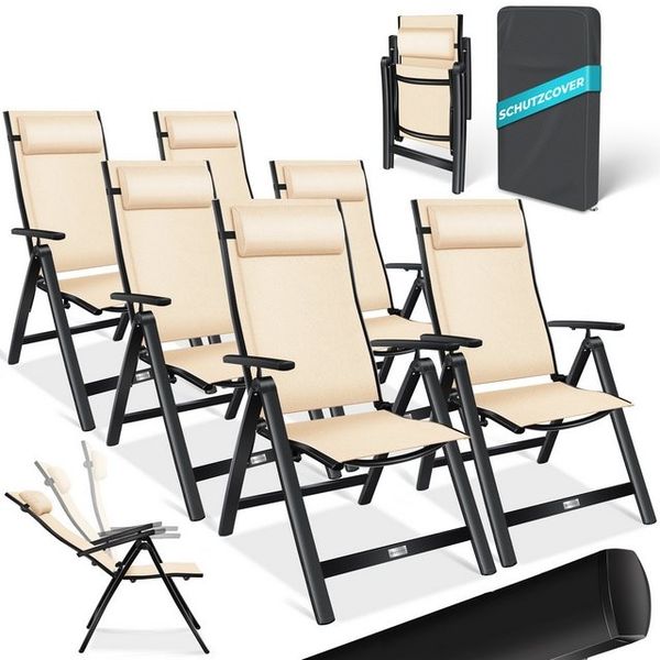 KESSER® Gartenstuhl Hochlehner mit Armlehnen | Aluminium Klappstuhl inkl. Kopfkissen Campingstuhl 7-Fach Verstellbar Rückenlehne | Atmungsaktiv & Wetterfest | Klappbar & Anti-Rutsch Beige, 6 Stück Bild 5