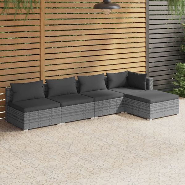 vidaXL 5-tlg. Garten-Lounge-Set mit Kissen Poly Rattan Grau 3101629