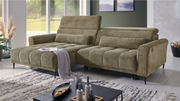 Massivart® Ecksofa Cord 277 cm / Cordsofa LOGAN / Sitztiefenverstellung / Nosagfederung, Kopfteilverstellung · Rücken echt bezogen · 2 Nierenkissen