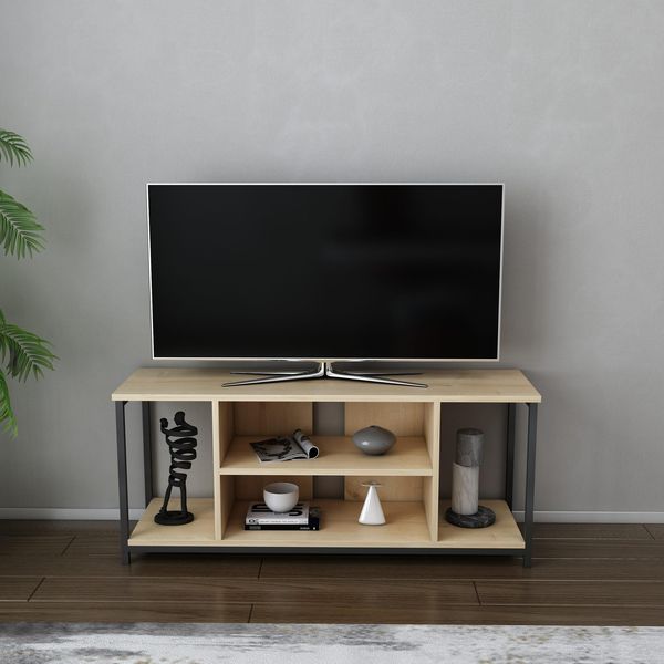 Hanah Home Industrial TV Stand, Black & Oak, 120 x 35 x 50.8 cm | 100% Melamine Coated Particle Board, 18 mm Thick, Sturdy Metal Frame | Stylish & Functional Design