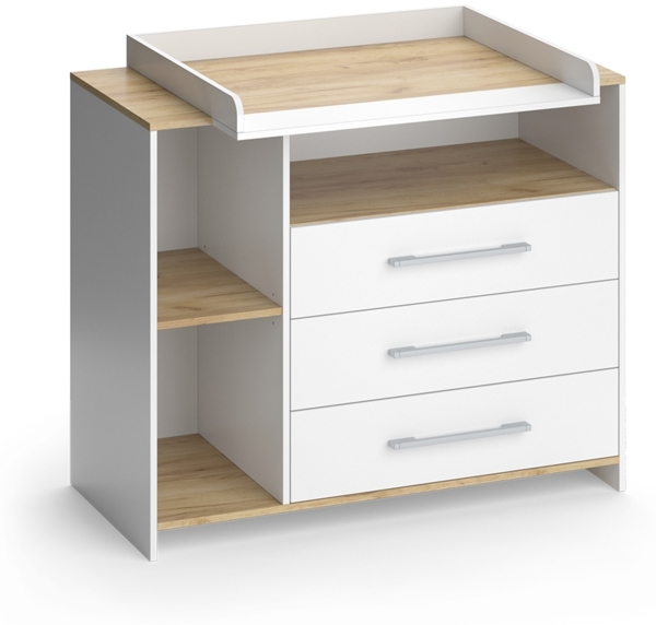Wickelkommode Oskar Weiß/Goldkraft Eiche 113 x 93 cm mit 3 Schubladen Vicco