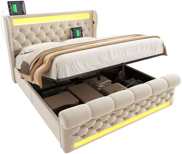 SeedWave Polsterbett Samt LED Hydraulisches Bett mit USB/Type-C Anschluss,90/140/160×200cm, Stauraumbett mit einstellbaren Lichtfarben