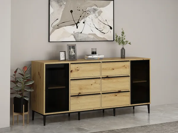 Vente-unique - MOLINIA Sideboard Holz, PlatteGlas SchwarzBeige - B 45 cm x H 85 cm x L 180 cm